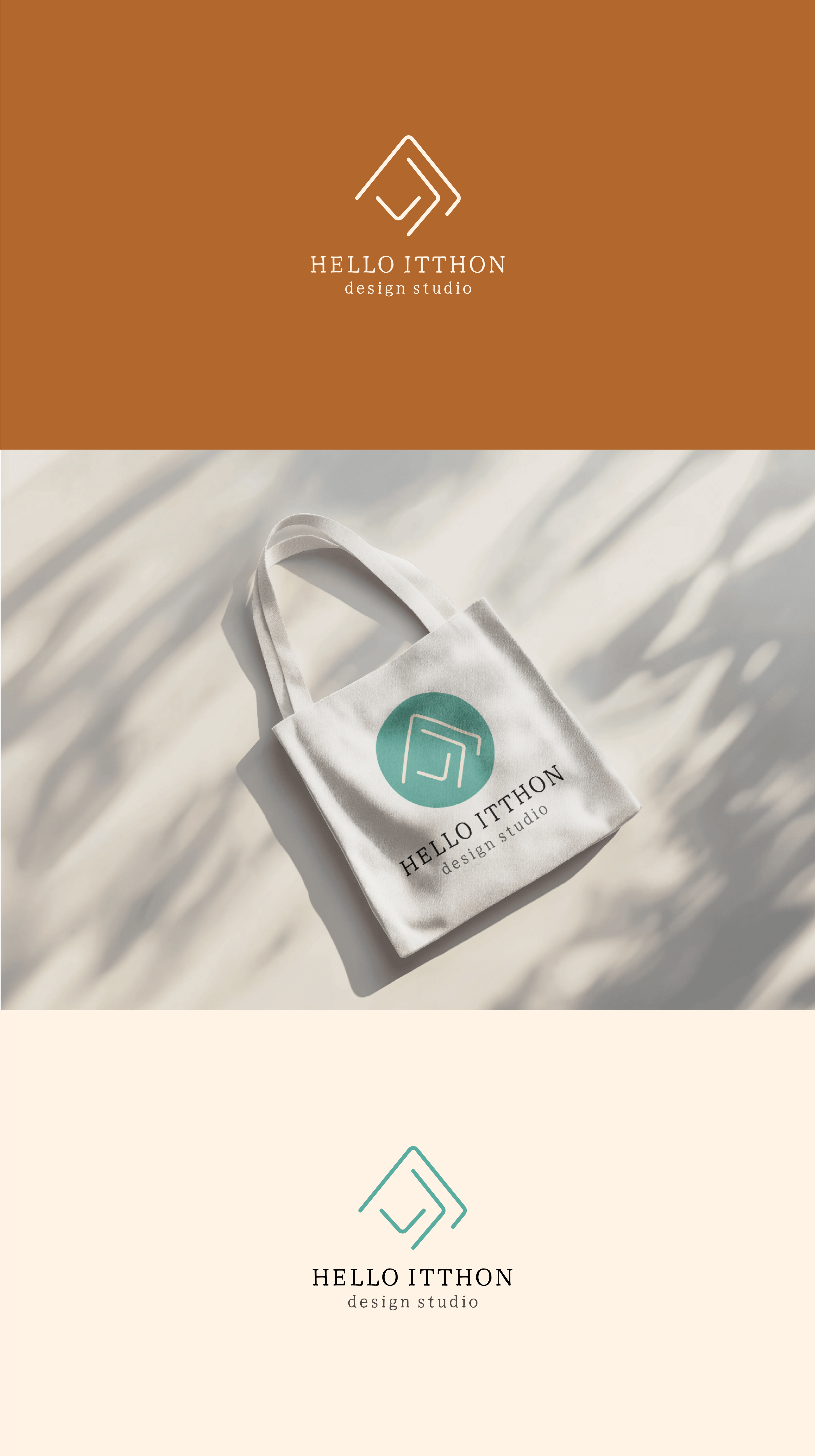 Hello Itthon design studio logo displayed on brown and cream backgrounds and printed on a white tote bag with shadows.