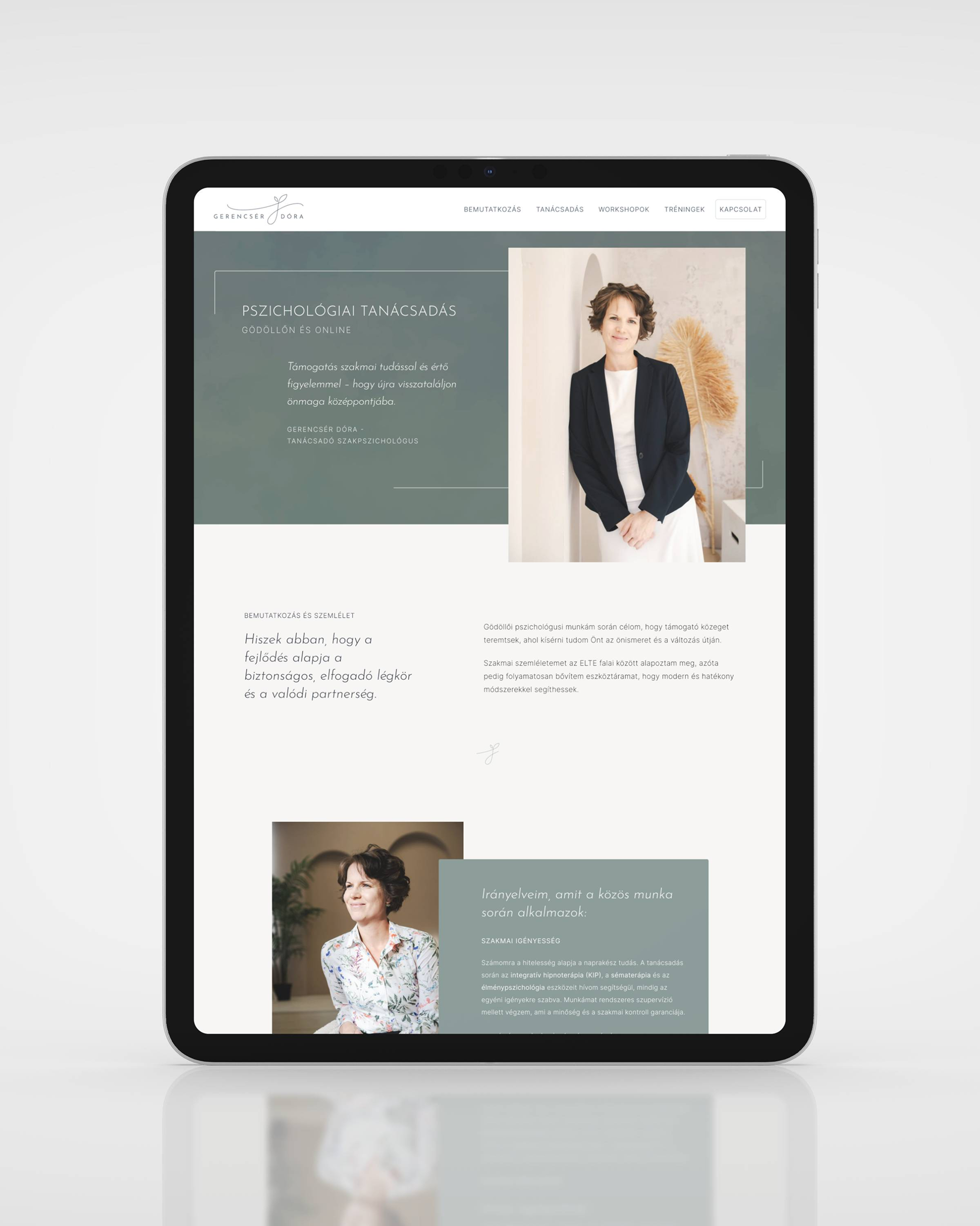 Tablet mockup a pszichológusnak készített webioldalamról.
